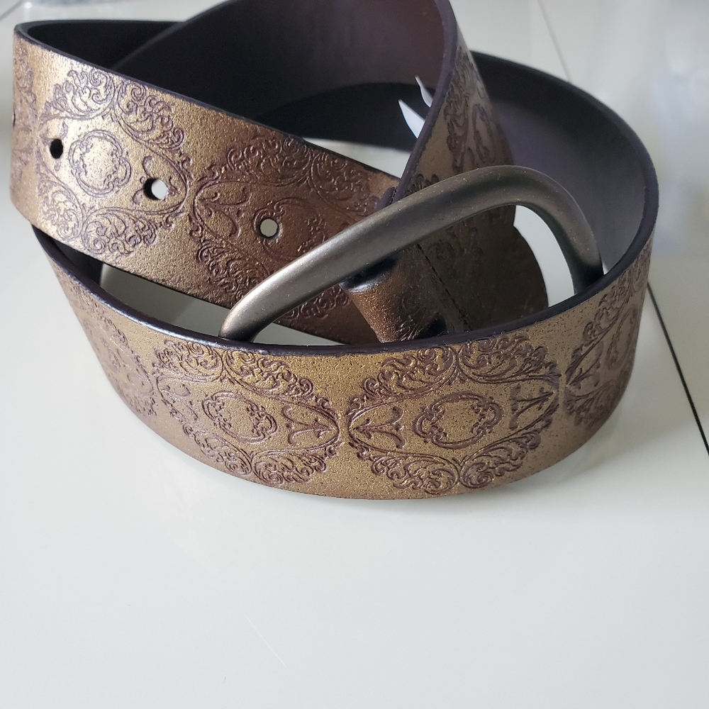 Brown Leather Belt with embossd gold design, Med.